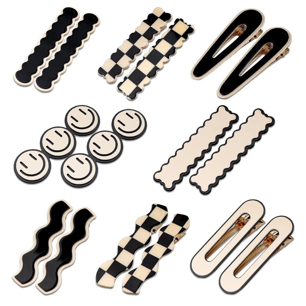 16 PCS Simple No Bend Hair Clips, Black White Checker Barrettes, No Crease Wave